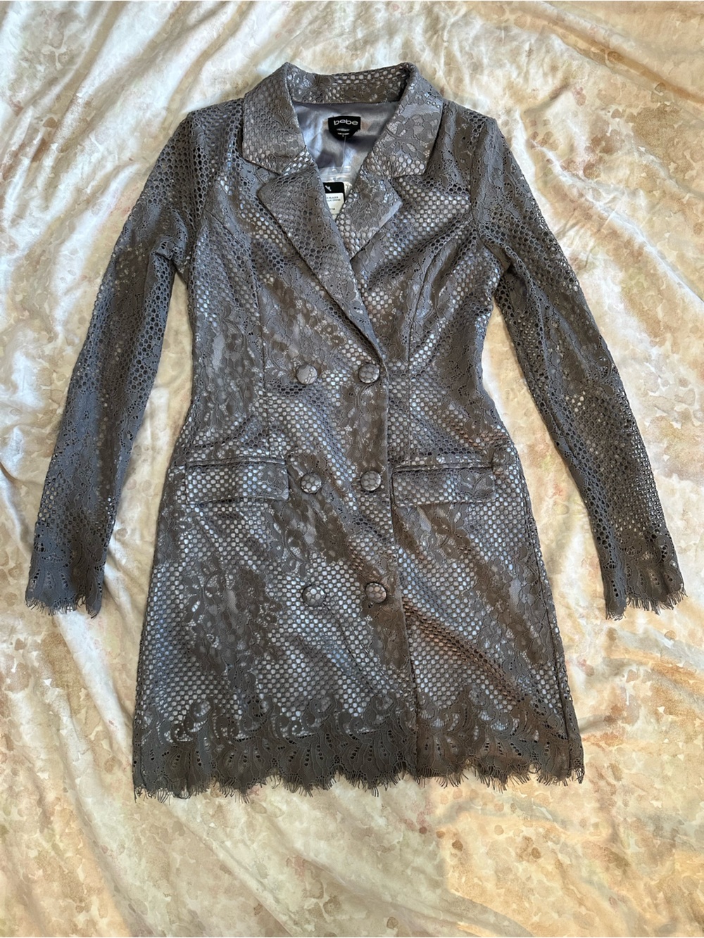 bebe Gray Lace-Overlay Double-Breasted Trench Coat - Picture 2 of 6